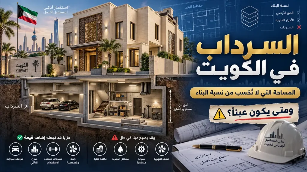 سرداب تحت الإنشاء في الكويت مع طبقة العزل المائي الخارجي قبل ردم التربة